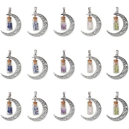 30 st Kolonn Glasflaska med Ädelsten Inuti Hängen med Måne Legering Detalj och 304 Rostfritt Stål Detaljer 41x29x10mm Hål: 7x4mm