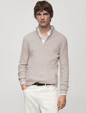 Mango Knitted Sweater With Perkins Neck - Beige - M