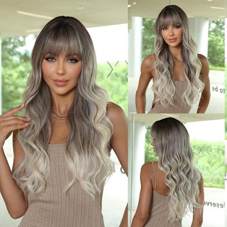 Kvinde paryk med lange naturlige bølge og pandehår