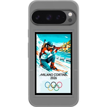 Yhteensopiva Puhelinkuori Google Pixel 9 Pro XL Retrojuliste Cortina Milano 2026 vuorilla, talviurheilijoilla, italiankoloreilla, Milanon tuomiokirkol
