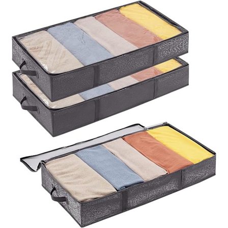3 Pak Underbed Opbevaringsposer med Låg, Tøj Opbevaringskasser Foldbare Under Sengen med Håndtag, Klar Vindue til Tøj Tæpper, 100*50*15cm, Grå