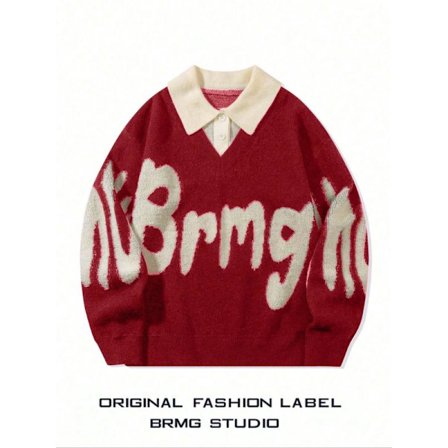 Herre Genser med bokstavtrykk 2 i 19 Krage, Løs Casual Langermet Knappegenser for Vår & Høst, Mote Herre Strikkeplagg for Daglig Bruk