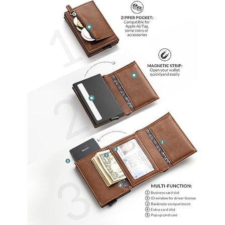 Brun, Anti Hacking-korthållare RFID Bifold Läderplånbok med Dragkedja Bank Kreditkortshållare för Sedlar och Mynt Män -