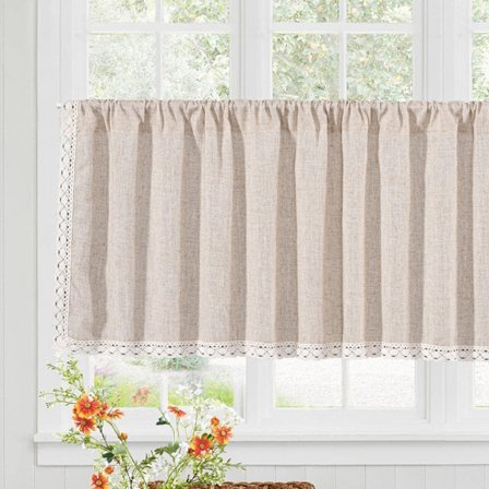 Kort gardin ogenomskinlig bistrogardin boho gardin bomull linne korta gardiner med tofsar för kök vardagsrum sovrum, 1 st, B150xH90cm