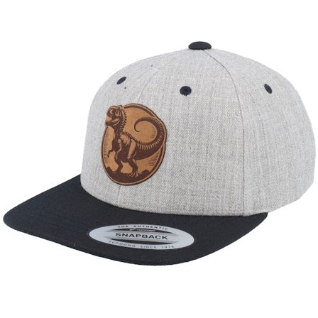 Kiddo Cap - Kids T-rex Dino Brown Round Patch Heather Grey/Black Snapback Snapback Grey Cap - @ Hatstore