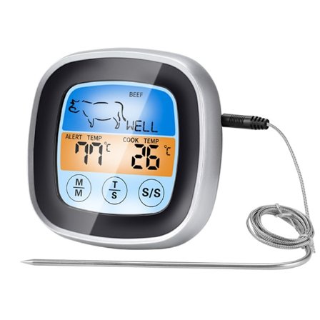 Digital Kötttermometer, Grilltermometer med 5 Tillagningsnivåer, LED-Touchskärm, Timer, Magnetisk Hållare (7,5 x 7,5 x 2,5 cm)
