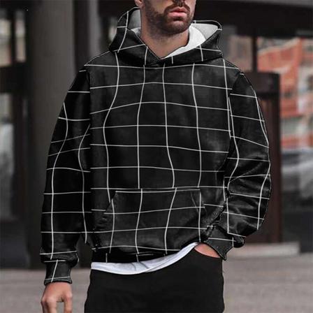 Herr Rutig Långärmad Tröja Hooded Pocket Casual Hoodies