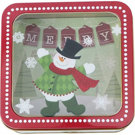 Julburkar i plåt med lock och fönster, godis- och kakgåvoaskar, snögubbedesign