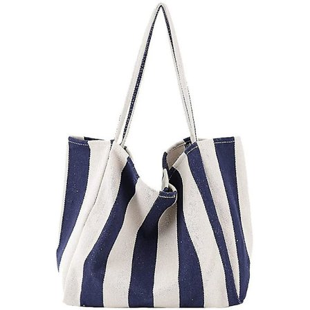 Dames Stribet Canvas Skuldertaske, Strandtaske Stor Kapacitet Blå Marinebredde Striber