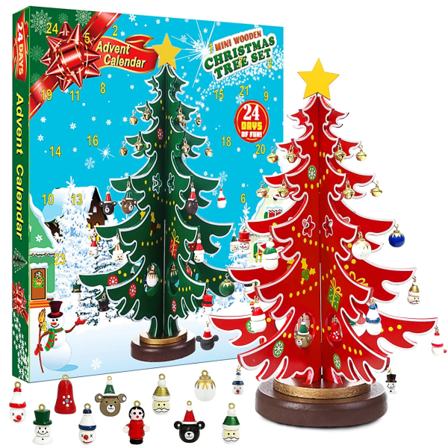Adventtikalenteri 2023 24 päivän joulukalenteri puinen puu koristeilla pöytätaso DIY minipuu jouluksi Red