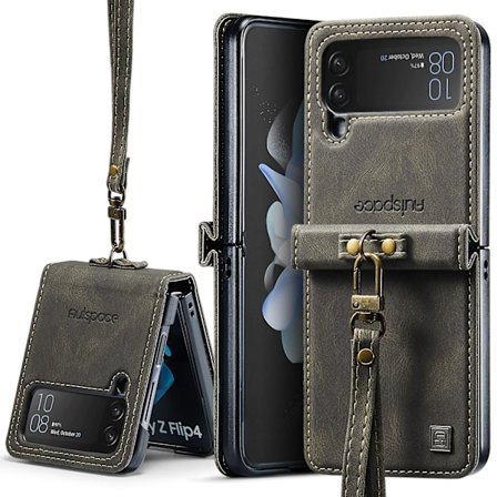 SQCLV Äkta Läderfodral för Samsung Z Flip 4, Slimmad Stöttålig Fullkroppsskyddande Mobilskal med Handledsrem