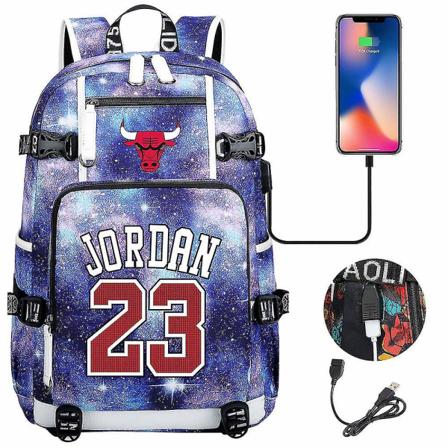 Basketball Star Print USB Ladattava Nuorten opiskelijakoululaukku | Unisex vapaa-ajan matkareppu miehille ja naisille