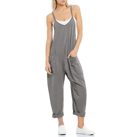 EFAN Dame Casual Sommer Ærmeløs Jumpsuit Lang Løs Bodysuit med Lommer Mørkegrå 2XL