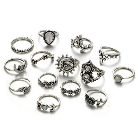 14 st Vintage Silver Moon Star Flower Leaf Midi Finger Rings Vintage Rings Band Kit Bohemiska smycken för dagligt slitage