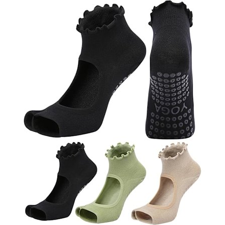3 Pairs Pilates Socks Toeless with Grips Non Slip Ruffle Yoga Socks Grip Socks for Women