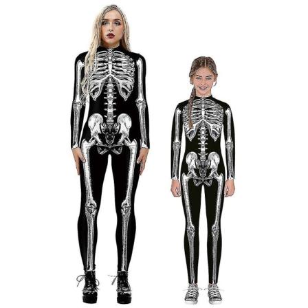 Halloween-skelettdräkt för barn och vuxna, bekväm Onesie Jumpsuit Black 135cm-140cm