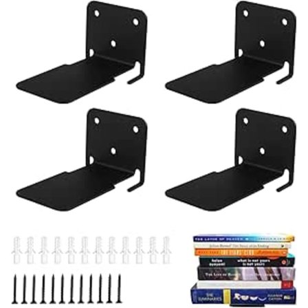 4 stk bokvegg hylle, usynlig flytende bokhylle, flytende hyller for bøker, med hull og skruer, svart flytende metallhylle