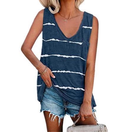Randig Printed V-hals Loose Pocket Vest Topp