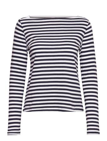 Cotton Boat Neck T-Shirt T-shirts & Tops Long-sleeved Marineblå Mango*Betinget Tilbud