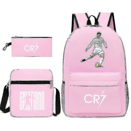 Fodboldstjerne C Ronaldo Cr7 trykt rygsæk omkring den studerende tredelt rygsæk.