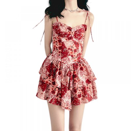 Kesäinen olkaimet punainen kukka korkea vyötärö A-linjainen muoti mekko S