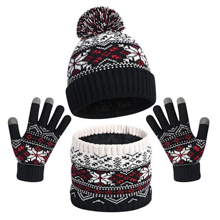 Strikket hue, halstørklæde og handskesæt til børn, fleeceforet pompon vintertilbehør til små piger og drenge, koldt vejr udendørs sneleg Ge