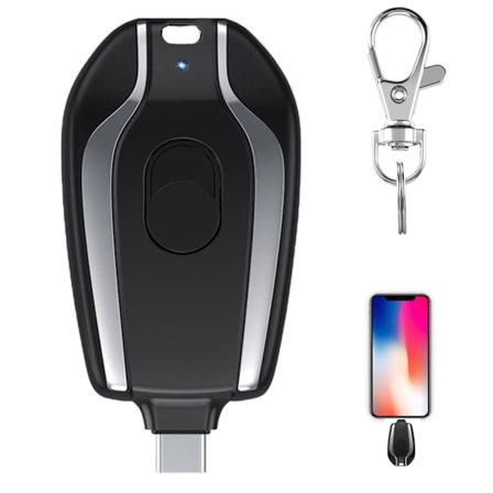 Avaimenperä Powerbank, 1500mah Mini Powerbank Laturi Type-C:llä, Kestävä Avaimenperä Puhelinlaturi Mini Power Hätälaturi musta hopea