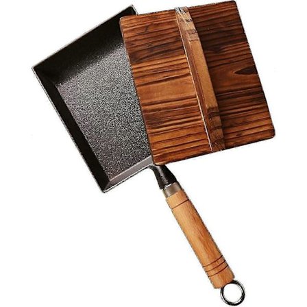 Valurautainen Mini Tamagoyaki -pannu - Pinnoittamaton suorakulmainen japanilainen munakaspaistinpannu puisella kannella - Musta