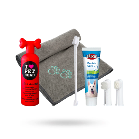 Trixie - SPAKIT MED TRIXIE GRÅ MICROFIBERHANDDUK, TANDVÅRDSSET & PET HEAD LUGNANDE SCHAMPO 475 ML - Pälsvård