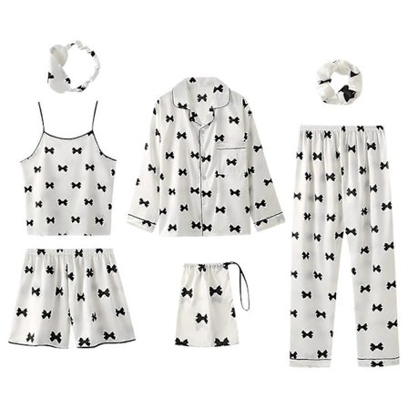 7 Dele Dame Pyjamassæt Faux Silke Pyjamas Dame Pyjamas Nattøj Sæt Forår Sommer Hjemmetøj Nattøj Sæt Dame Komfortabel Bomuld GaveXLstyle2