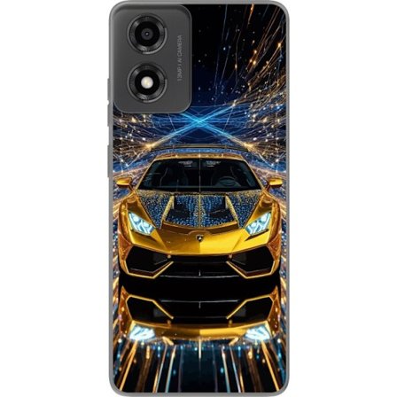 Motorola Moto E14 Läpinäkyvä kuori Kultainen urheiluautoillustraatio, futuristinen luksusauto valopolkujen kera täydellinen eksklusiivisille autok