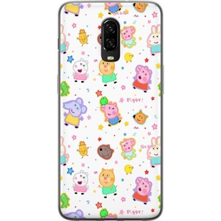 Kompatibel Mobilcover til OnePlus 6T Farverige tegneserie dyrekarakterer i en legende stil med stjerner og prikker på en lys baggrund