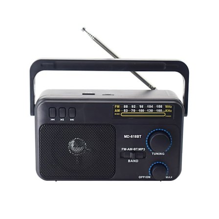 JIT-R-618BT-BK-AM/FM-lyhytaaltotransistoriradio, virtalähteenä 3 V kaksi paristoa tai suuri kondensaattori sisä- ja ulkokäyttöön