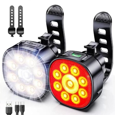 Cykellygte - Cykellys - For og Bag - Genopladelig - 8+7 Lysstyrketilstande - Kraftfuld - Lang Batterilevetid