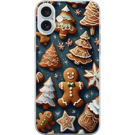 Apple iPhone 16 Plus Gennemsigtig cover Peberkager formet som træer, mænd og stjerner dekoreret med glasur i et hyggeligt vintermønster, der minder