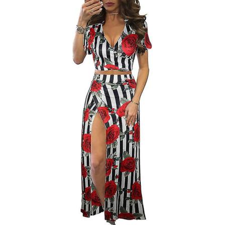 Dam V-ringad semesterkjol set tryckt kort topp och kjolar 2-delad outfit hög midja kostym Red Stripes M