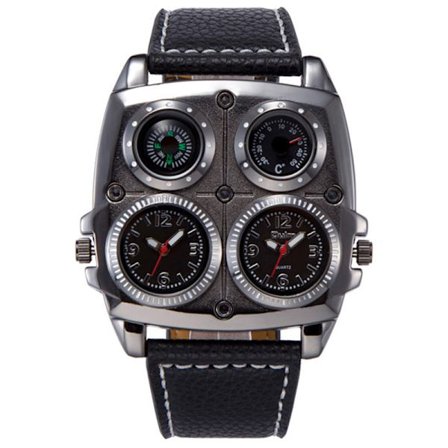 Kompasur, herre dual tidszone militær stort sports quartz ur, sort med dekorativt kompas termometer