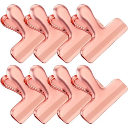 Chipspåsklämmor i rostfritt stål, kraftiga matklämmor för lufttät försegling, set om 8 i elegant roséguldfinish.