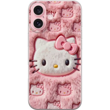 Yhteensopiva Puhelinkuori Apple iPhone 16 Hello Kitty vaaleanpunainen pörröinen tausta, jossa on ikoninen kasvot ja kawaii-esteettisyys