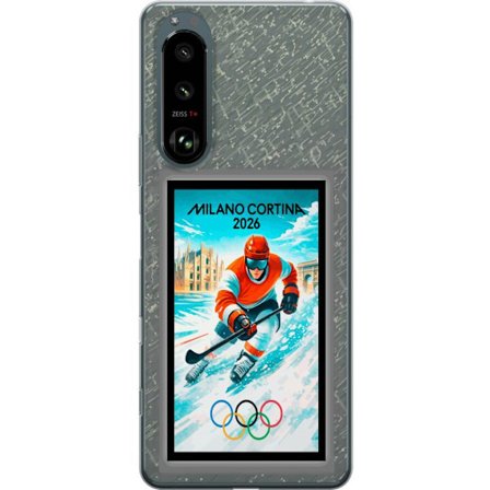 Yhteensopiva Puhelinkuori Sony Xperia 5 III Curlingkuvitus pelaajilla ja kivillä jäällä, Milano Cortina 2026, lumisia roiskeita ja olympiasormukset