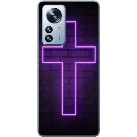 Yhteensopiva Puhelinkuori Xiaomi Xiaomi 12 Pro Neonristi purppuranvalossa tummaa tiiliseinää vasten, symbolinen motiivi vahvalla hohto moderni estee