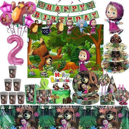 Pige og Bjørn Fødselsdagsfest Dekorationer Tegneserie Tema Fest Balloner Service Sæt Tallerkener Kopper Tillykke med Fødselsdagen Forsyninger til Børn