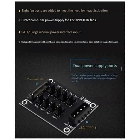 Universaali 12V tietokoneen kotelotuulettimen keskitinlaajennuskortti 8-porttinen keskitin kaksoisvirtaportin tulo tuuletinkeskitin tuuletinadapteri
