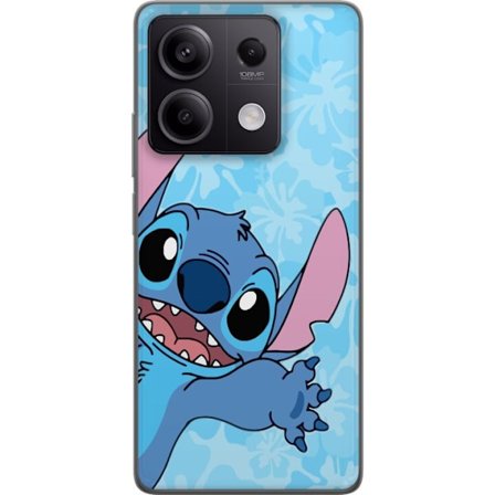Kompatibelt Mobildeksel til Xiaomi Redmi Note 13 Leken illustrasjon av Stitch som strekker seg mot kameraet på lyseblå blomstret bakgrunn