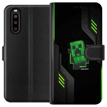 Kompatibelt Plånboksfodral till Sony Sony Xperia 10 II Grön pixelbaserad creeperliknande spelillustration med futuriska neoninslag och mörk techbak