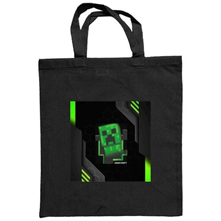 Kangaskassi Minimalistinen vihreä Creeper-hahmo pikselimuotoilussa, jossa futuristinen tekniikkatausta ja geometriset muodot.