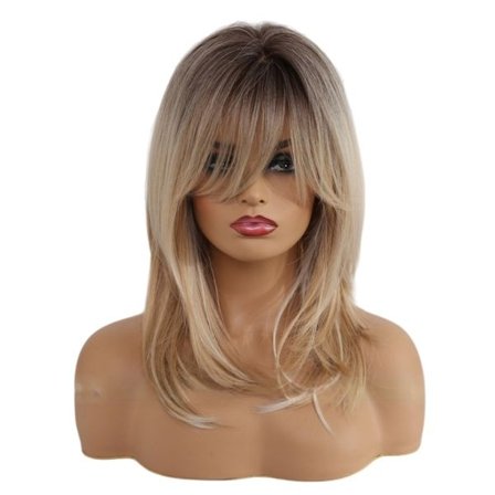 Gylden Blond Paryk med Pandehår – Varmebestandig Syntetisk Hår til Hverdags- og Festbrug