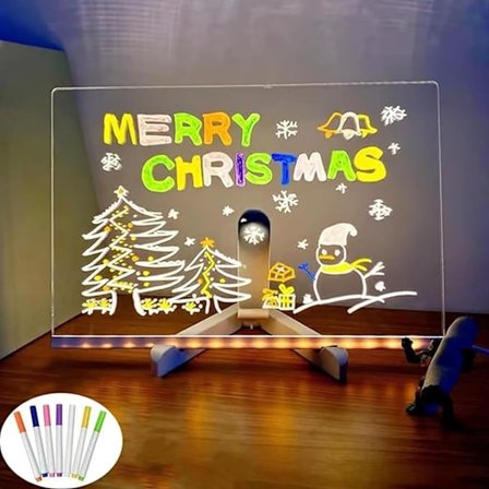 Julegave kreativ viskelærbar akryl LED-tavle 7 fargepenn tavle akryl whiteboard lysende tavle notatbrett (30*20cm)