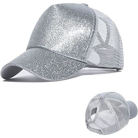 Skjermcaps, Sommer Glitter Hestehale Caps Mesh Hatter Casual Justerbare Sportscaps Baseballcaps for Kvinner Jenter Grå