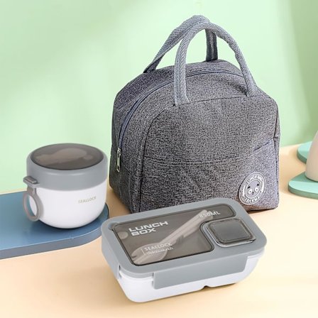 Madkasse Voksne, Lækagesikker Bento Madkassesæt med Madpose, Redskaber, Havregrynsbeholder, til Mænd Kvinder Studerende Kontor Skole, Grå